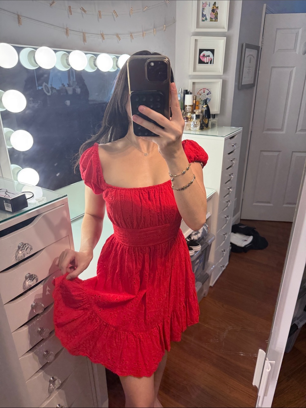 Red Smocked Square-Neck Mini Dress Sundress